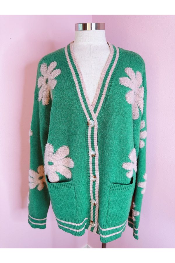 Preppy Kelly Green Button Down Floral Cardigan Fashion