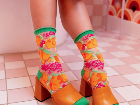 Orange Floral Sheer Crew Socks Supply