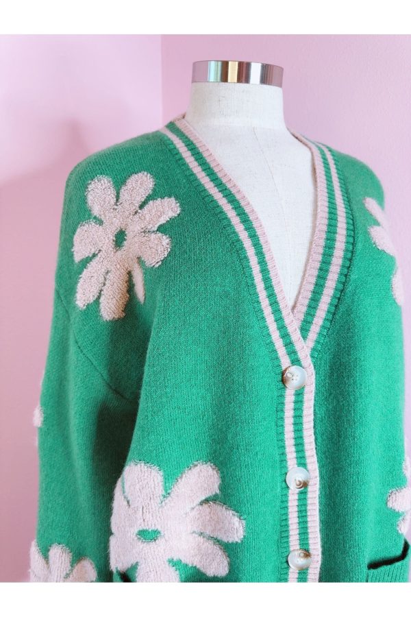 Preppy Kelly Green Button Down Floral Cardigan Fashion