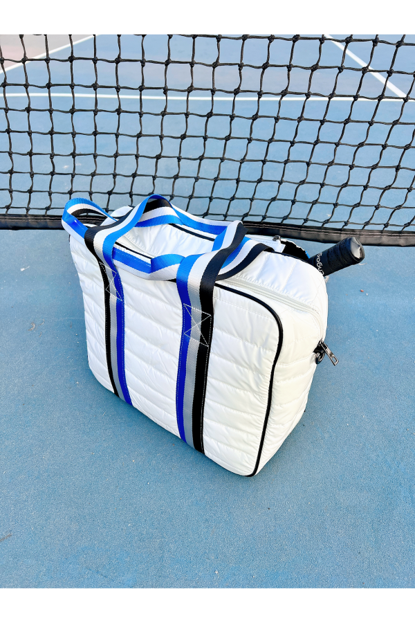 Puffer Pickle Ball Tote White with Blue & Black Stripes Online Sale