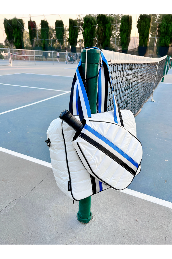 Puffer Pickle Ball Tote White with Blue & Black Stripes Online Sale