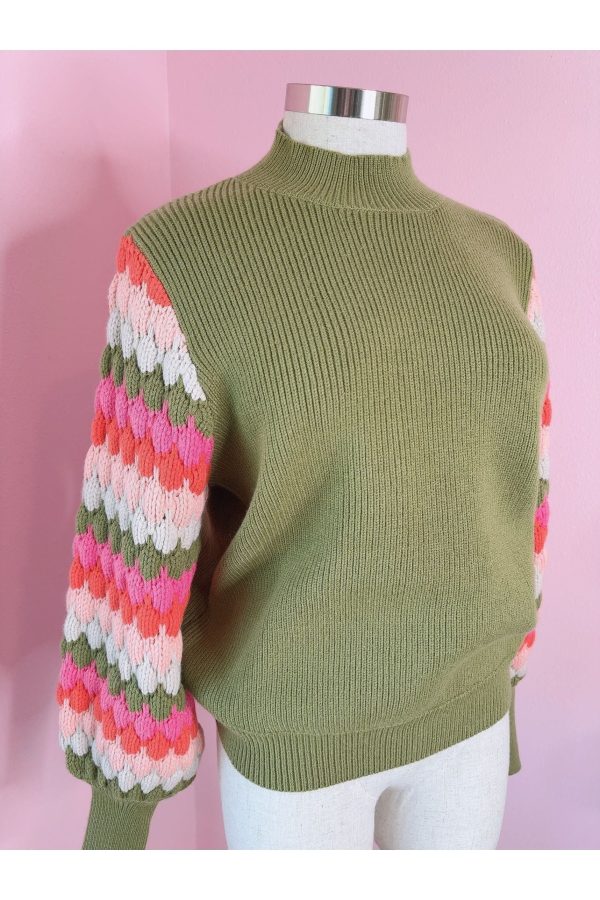 *SALE* Blooming Groves Avocado Green and Pink Stripe Knit Pullover Cheap