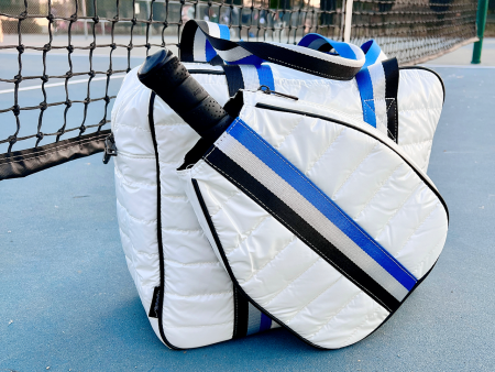 Puffer Pickle Ball Tote White with Blue & Black Stripes Online Sale