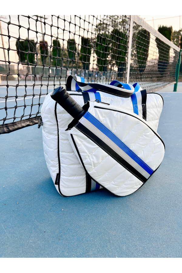 Puffer Pickle Ball Tote White with Blue & Black Stripes Online Sale