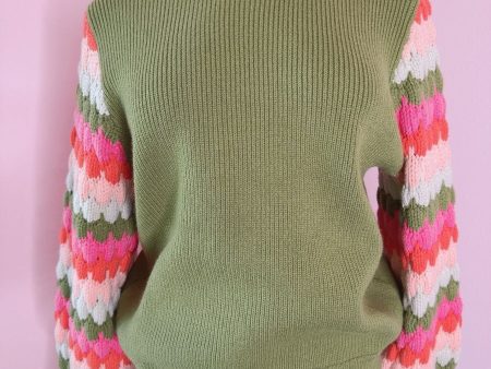 *SALE* Blooming Groves Avocado Green and Pink Stripe Knit Pullover Cheap