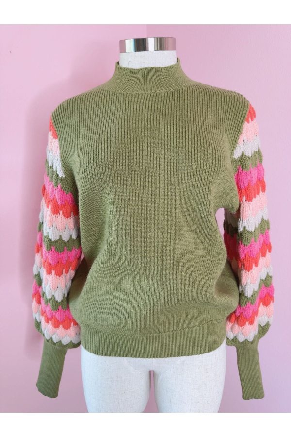 *SALE* Blooming Groves Avocado Green and Pink Stripe Knit Pullover Cheap