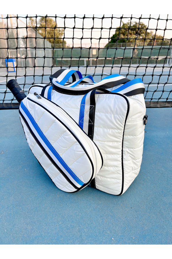 Puffer Pickle Ball Tote White with Blue & Black Stripes Online Sale